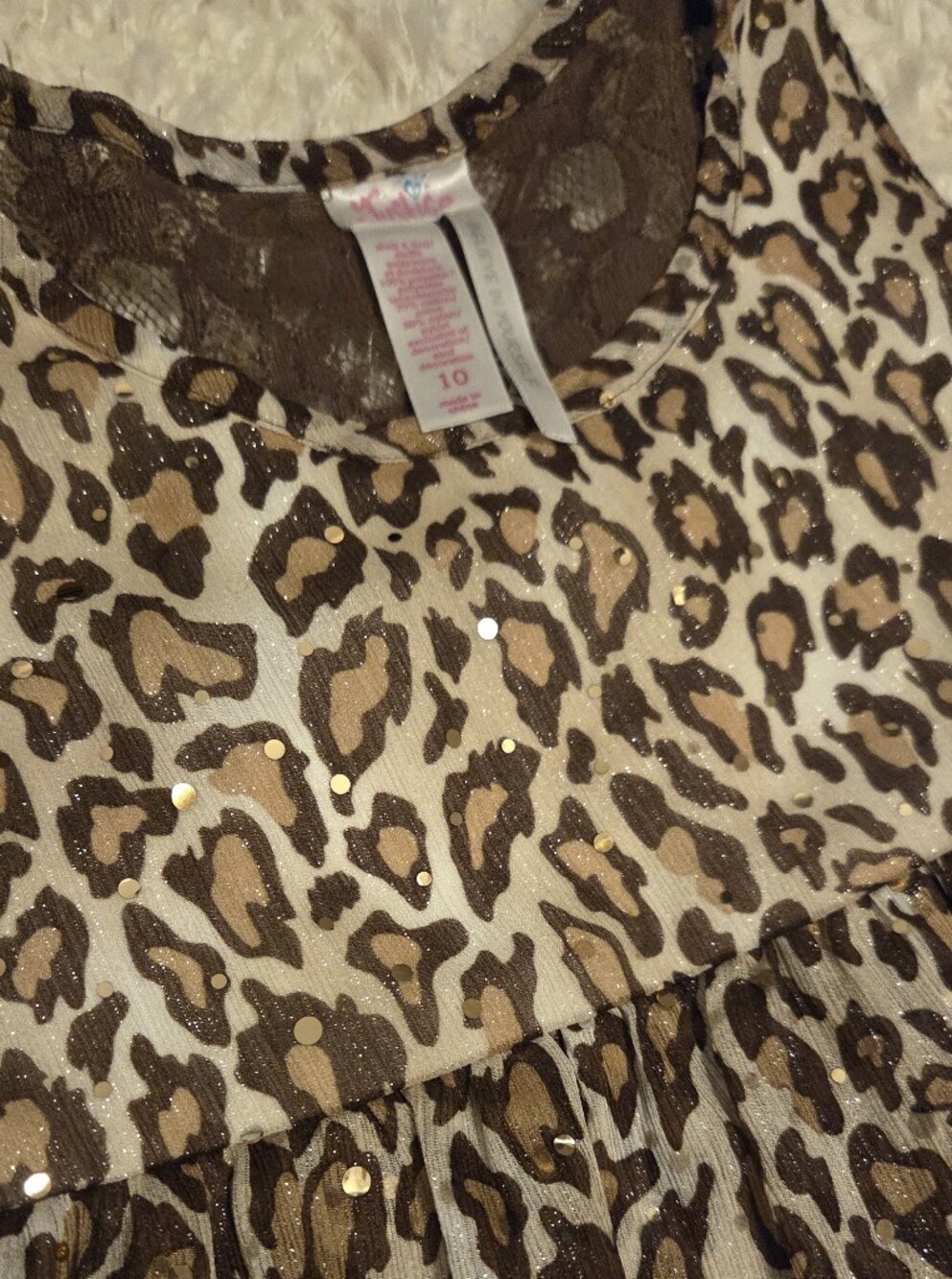 Girls Leopard Print Tiered Tank Top with Gold Sequin Accents